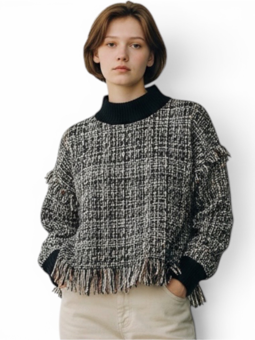 Coco + Carmen Multicolored Mock Turtleneck Fringed Sweater